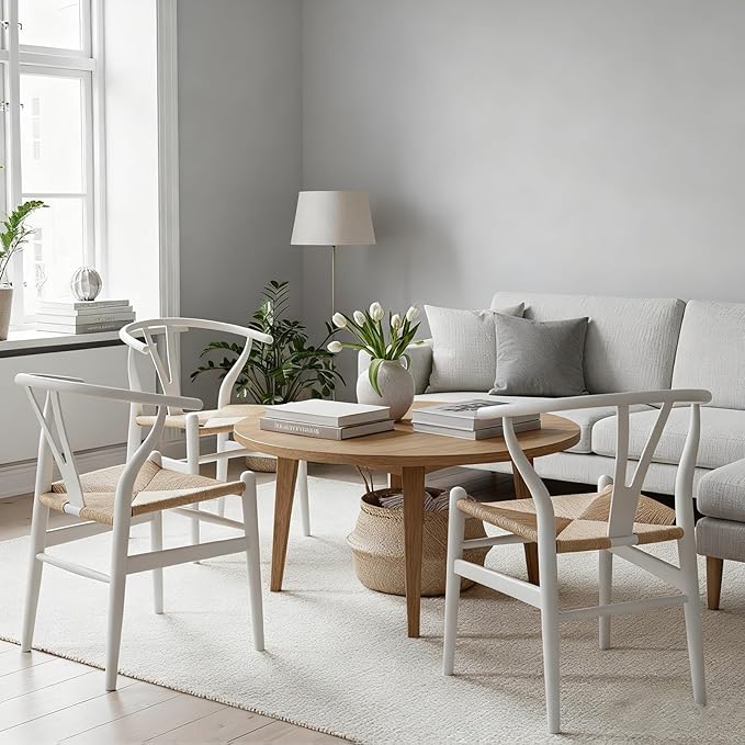 Wishbone Chair Natural Solid Wood Dining Chair/Hans Wegner Y Chair Rattan and Wood Accent Armrest Chairs Set of 2 (Ash Wood - White)