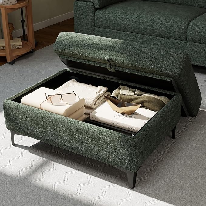 35" Large Storage Ottoman for Living Room, 7.8" Deep Seat Rectangular Ottoman Foot Rest for Couch, Chenille Storage Footstool Load 350 lb (Green)