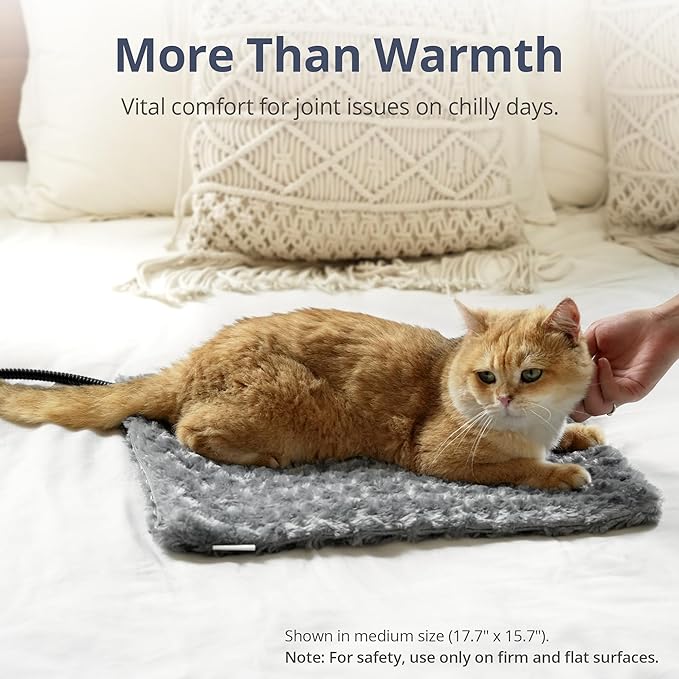 Adjustable Temperature Heated Cat Bed & Dog Heating Pad with Timer, Chew-Resistant Cord, Thick and Soft Cover, Indoor Pet Heating Pad, 17.7" x 15.7"