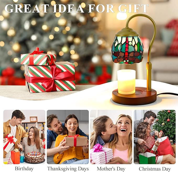 Tiffany Style Candle Warmer Lamp with Timer, Dimmable Dragonfly Stained Glass Candle Lamp Warmer, Vintage Candle Light for Scented Candles with 2 Bulbs for Home Deco Birthday Gifts for Mom Women