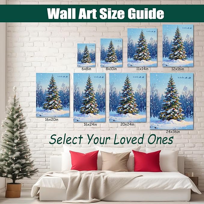 Snowy Christmas Tree Canvas Wall Art - Winter Wonderland Landscape Framed Canvas Prints for Home Office, Festive Christmas Wall Art Ready to Hang, Ideal Christmas Gifts & Holiday Decorations