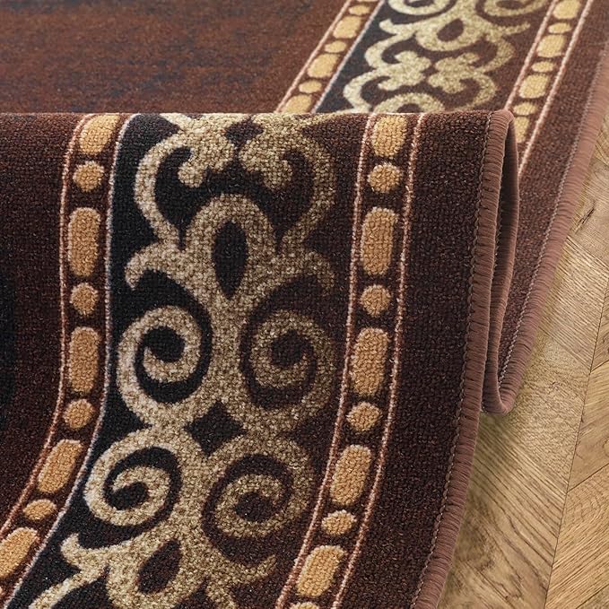 Antep Rugs Alfombras Bordered Modern 5x7 Non-Slip (Non-Skid) Low Pile Rubber Backing Indoor Area Rug (Brown, 5' x 7')