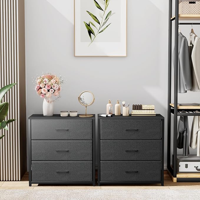 Nightstand with 3 Drawers for Bedroom, Storage Dresser with Fabric Drawers and Metal Frame for Closet, Living Room, Bedside Table with Wood Top, Easy Pull Handle, Black