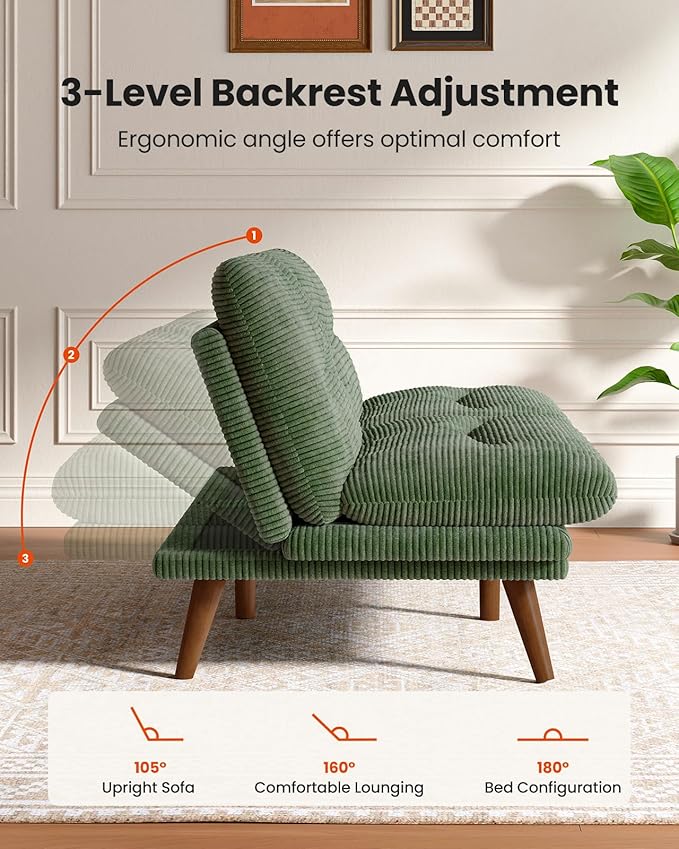 AMADA 66"Convertible Futon Sofa Bed, Corduroy Folding Futon Set with Adjustable Backrest &Armrests, Recliner Lounge for Living Room, Apartment or Office, Solid Wood Frame, Loveseat Sofa -Forest Green