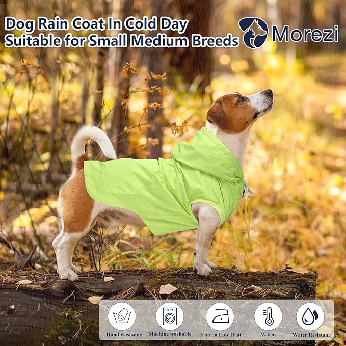 Dog Raincoat rain Jacket Dogs Waterproof fit for Small Medium Breeds Zipper Closure Pocket Storage in Cold Day - Light Green - M