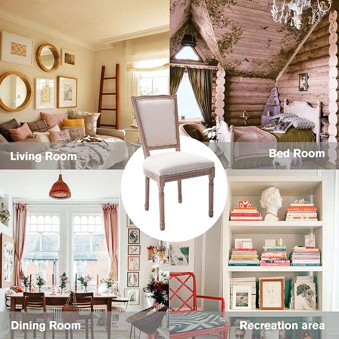 Nrizc Farmhouse Dining Room Chairs Set of 2, French Dining Chairs with Square Back, Brown Wood Legs, French Bistro Chairs for Dining Room/Living Room/Kitchen/Restaurant, Beige