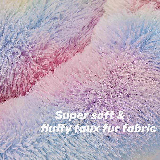 Anti Anxiety Round Fluffy Plush Faux Fur Warm Washable Dog Bed & Cat Bed, Original Bed for Small Medium Large Pets,Used to Relieve Joints and Improve Sleep(20"/24"/27'') (24", Rainbow)