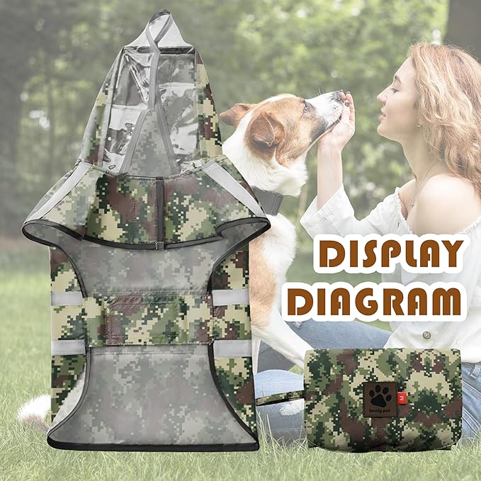 Dog Raincoat, Adjustable Dog Rain Jacket with Clear Hooded Double Layer for Large Medium Small Dogs Puppies, Waterproof Rain Coat Poncho Mosaic Camouflage, Green-L