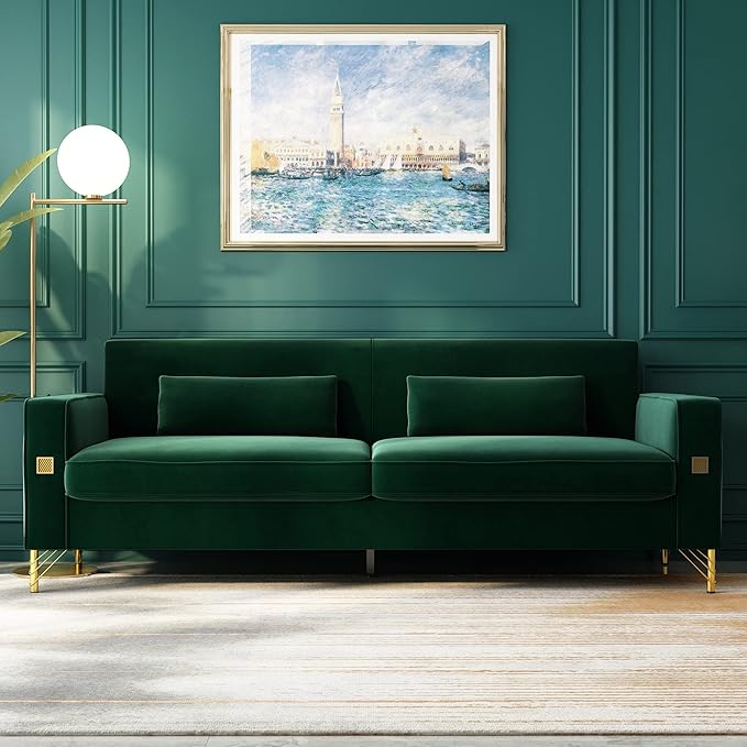 2PCS 85.63" Green Velvet Sofa,Modern Loveseat Couch with Pillows Set of 2 for Living Room,Bedroom,Apartment Furniture with Gold Metal Legs