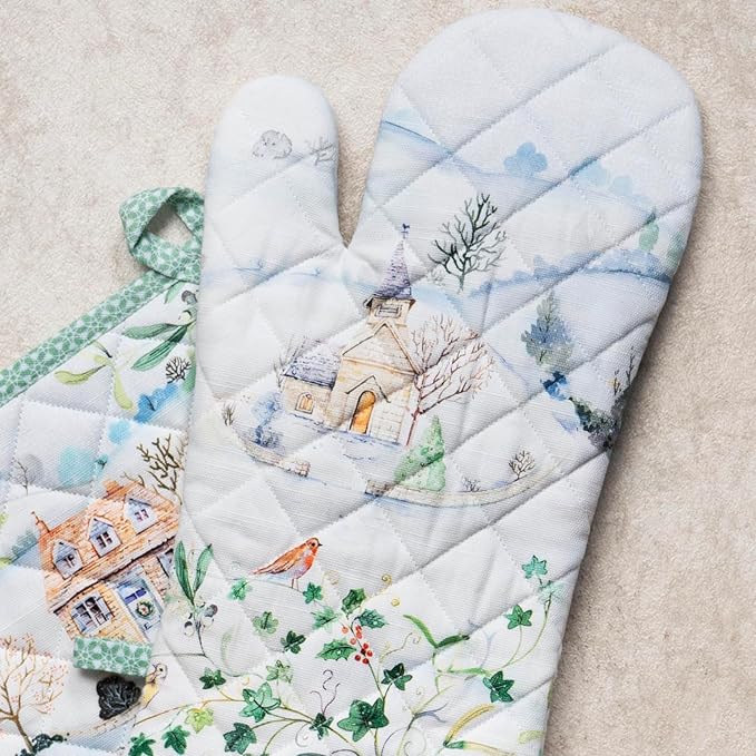 Maison d' Hermine 100% Cotton Oven Mitt & Pot Holder Set (7.5"x13" & 8"x8") Heat Resistant BBQ Cooking Gloves with Loop for Thanksgiving Christmas Decorations Handling Hot Pans (Snowy World)