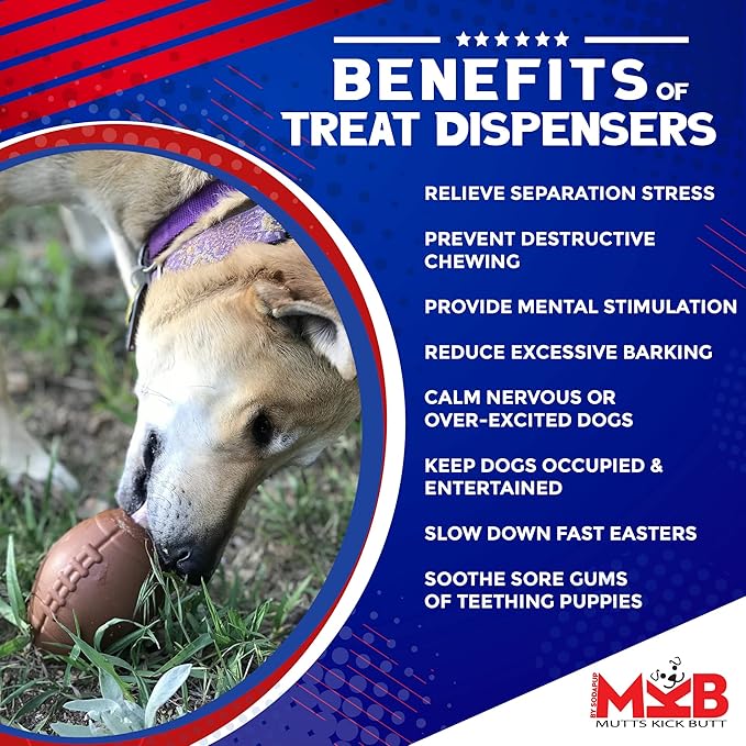 SodaPup MuttsKickButt Football – Durable Dog Treat Dispenser & Chew Toy Made in USA from Non-Toxic, Pet Safe, Food Safe Natural Rubber for Mental Stimulation, Problem Chewing, Calming Nerves & More