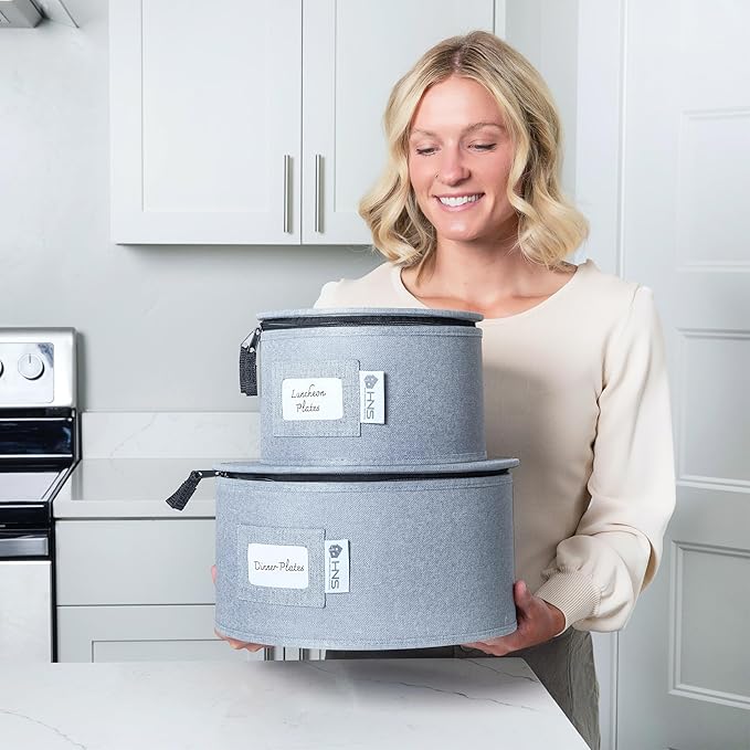 Hard Shell China Storage Containers 12-Piece Set Moving Boxes for Dinnerware, Glasses, Plates, Mugs and Saucers Sturdy Dish Organizer with Dividers for Seasonal Storage - Service for 12 - Grey