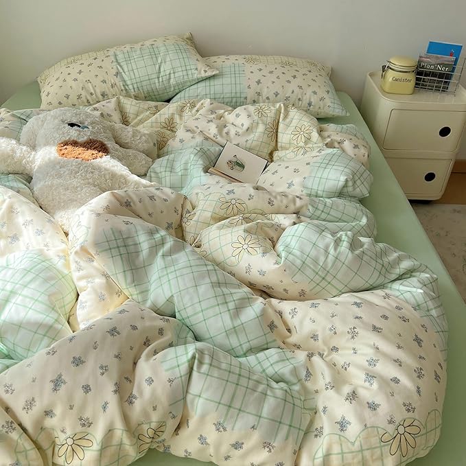 LifeTB 100% Cotton Muslin Duvet Cover Twin XL Aesthetic Floral Comforter Cover with Botanical Flower Cute Plaid Design Cottagecore Bedding Set Ultra Soft Breathable Gauze Duvet Cover for Kids Girls