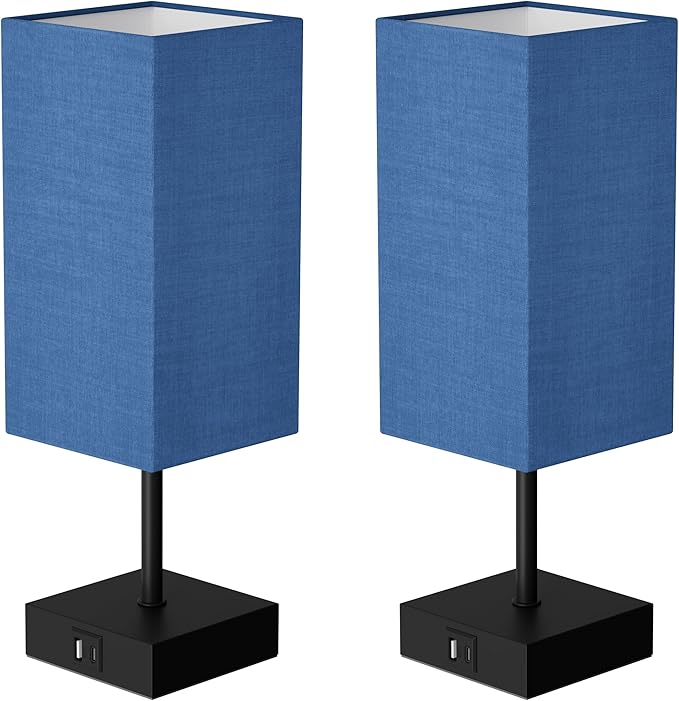 Sailstar Bedside Table Lamp for Bedroom Set of 2, 3 Way Dimmable Touch Lamp with USB C+A Charging Ports, Small Nightand Lamps for Bedroom Decor, Living Room, LED Bulbs Included, Upgraded Navy Blue