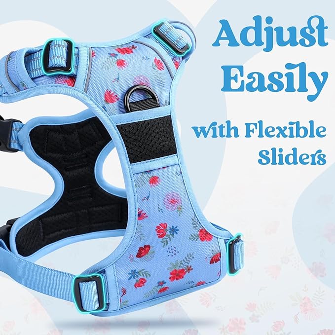 rabbitgoo Dog Harness for Large, No Pull Pet Harness with 3 Buckles, Adjustable Soft Padded Vest with Control Handle, Walking Reflective Pet Vest for Extra Large Dogs, Floral Blue, XL