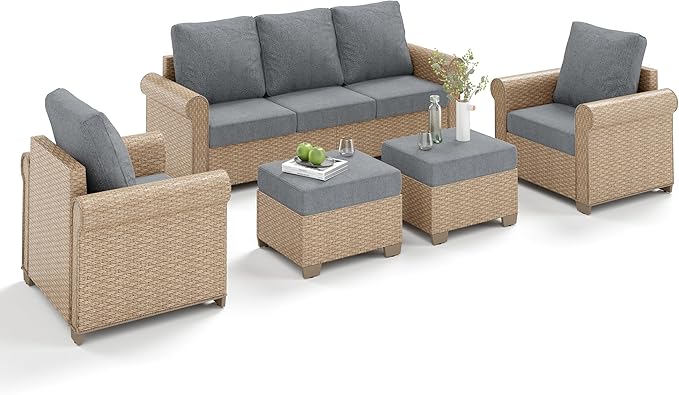 Patio Furniture Set 5 pcs, Wicker Outdoor Patio Furniture, 3-Seat Sofa, 2 Single Chairs and 2 Ottomans, Rattan Patio Conversation Set for Backyard Deck, Grey