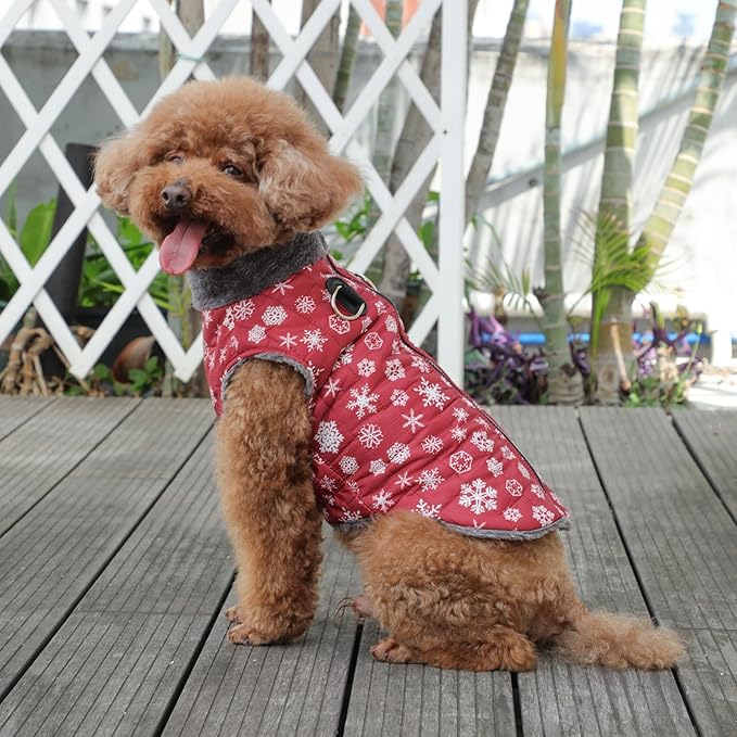 Warm Fleece Dog Coats with Durable Harness Buitl in D-Ring,Waterproof Doggie Jacket for Medium Dogs,Dog Vest for Cold Winter,Red,Snow Pattern XL