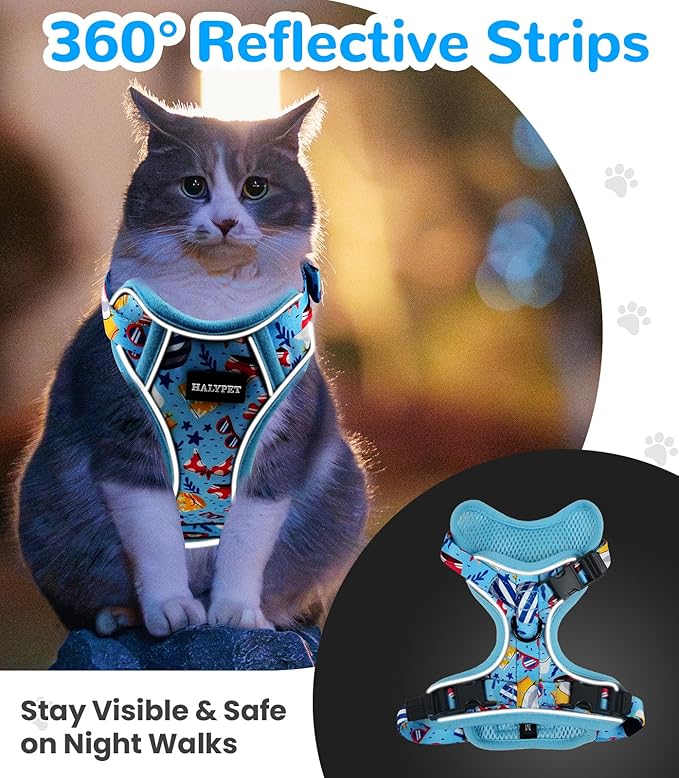 Halypet Cat Harness and Leash Set for Walking, Escape Proof Adjustable Vest Harness with 3-in-1 Integrated Buckles, Easy Control Soft Breathable Mesh with Reflective Strips for Cats, XS, Azure Blue