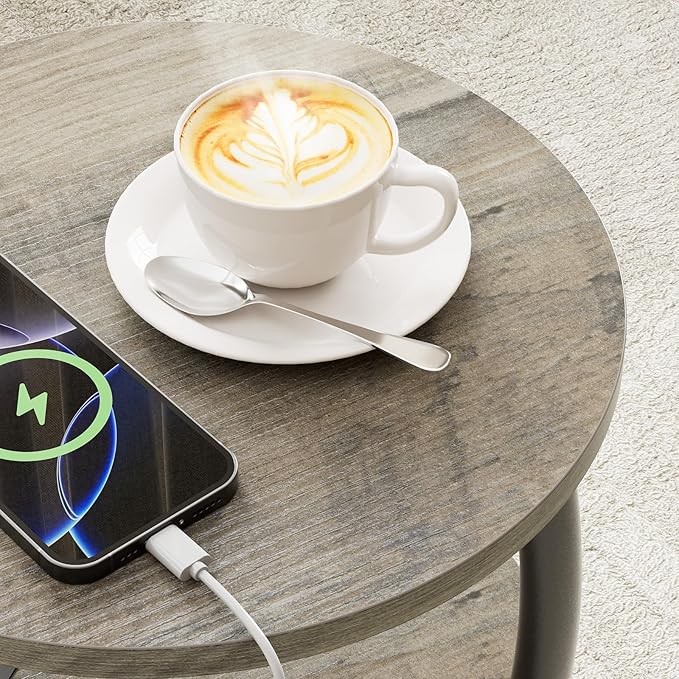 Round Side Table with Power Outlet & USB Ports, 3-Tier End Table with Storage Shelf, Modern Rustic Nightstand, Small Spaces Accent Table for Living Room Bedroom, Easy Assembly, Grey