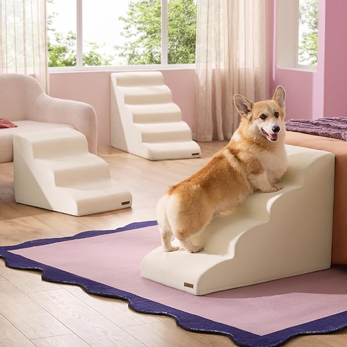 Lesure Dog Stairs for Large Dogs Pet Steps Ramp for High Bed with CertiPUR-US Certified Foam with Non-Slip Bottom, Beige, 5 Steps