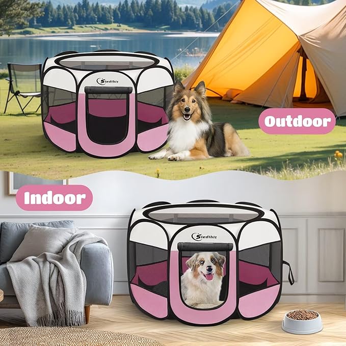 Pink Puppy Playpen for Large Dog Cat, Dog Tent Crates Cage Indoor/Outdoor, Portable Pop Up Dog Kennel with Carrying Bag for Rabbits, Removable Top (Pink, Large (45" x 45" x 23"))