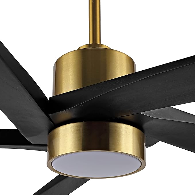 WINGBO 64 Inch DC Ceiling Fan with Lights and Remote Control, 5 Reversible Carved Wood Blades, 6-Speed Noiseless DC Motor, Modern Ceiling Fan in Brass Finish with Balck Blades, ETL Listed