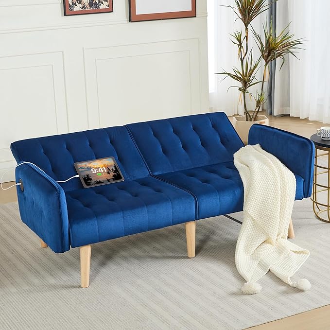 TYBOATLE 65" W Velvet Modern Convertible Folding Futon Couch Sofa Bed w/ 2 USB Charging Ports for Compact Living Space, Small Couches for Office, Dorm, RV Room, Apartment, Bedroom (Navy Blue)