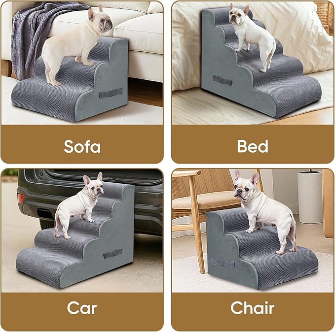 PAWSCART Dog Stairs for Small Pets, 17.7" H with 30D Material Soft Foam, Portable Ramp Non-Slip Surface Non-Slip for Couch and High Bed Climbing, 3-Step Stairs for Cat or Dog, Grey