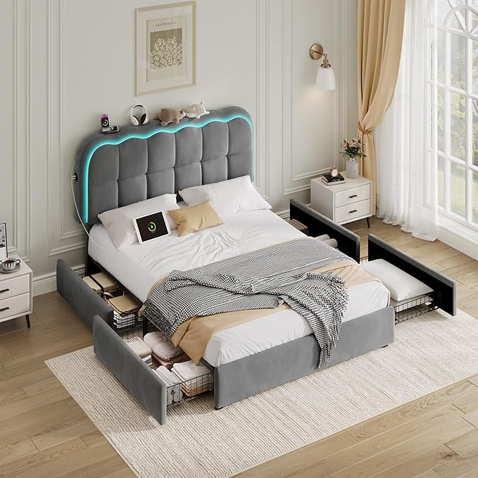 Full Size Bed Frame with 4 Storage Drawers and LED, Adjustable Clouds Headborad, Velvet Upholstered Platform Full Bed Frame with Charing Station, Wood Slats Support, No Box Spring Needed,Grey