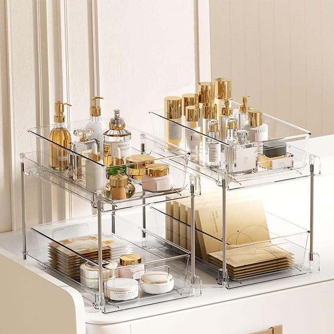 Vtopmart 8 Pack Bathroom Organizer, 2 Tier Clear Under Sink Organizers Vanity Countertop Storage Container,Cabinet Drawers Bins, Pull-Out Organization with Track for Pantry, Kitchen