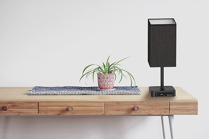 Bedside Table Lamp with Touch Control & USB C+A Charging Ports LED Desk Lamp with 2 AC Outlets, Minimalist Nightstand Light with Black Fabric Shade for Bedroom, Living Room, Office, Black