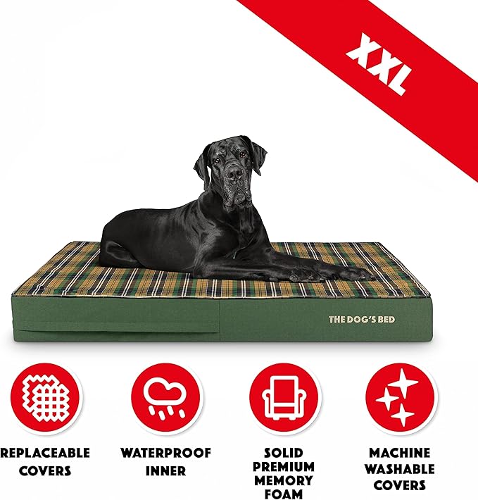 The Dog’s Bed Orthopedic Memory Foam Dog Bed, XXL Green Tartan 54x36, Pain Relief for Arthritis, Hip & Elbow Dysplasia, Post Surgery, Lameness, Supportive, Calming, Waterproof Washable Cover