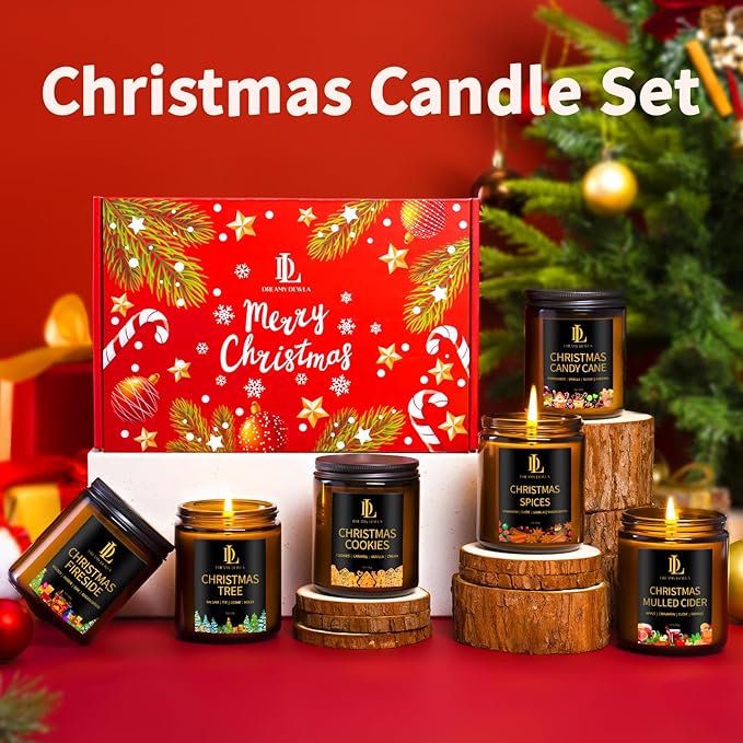 Christmas Candle Set, 6 Pack Holiday Scented Candle, Soy Candle for Home Scented, Christmas Holiday Candles Gift for Women Men, Scents of Christmas Tree/Cookies/Spices/Candy Cane/Mulled Cider/Fireside