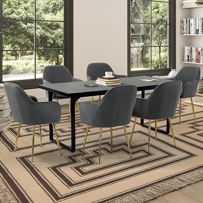ECOTOUGE Matte Velvet Dining Chairs Set of 6, Modern Arm Chair with Golden Metal Legs, Living Room Accent Chairs for Kitchen, Grey