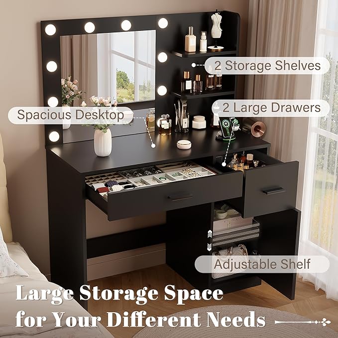 YESHOMY Vanity Desk with Mirror, 10 Lights, Power Outlet and 3 Storage Shelves, Makeup Table with 2 Drawers & 1 Cabinet, 3 Color Modes, for Bedroom, Black