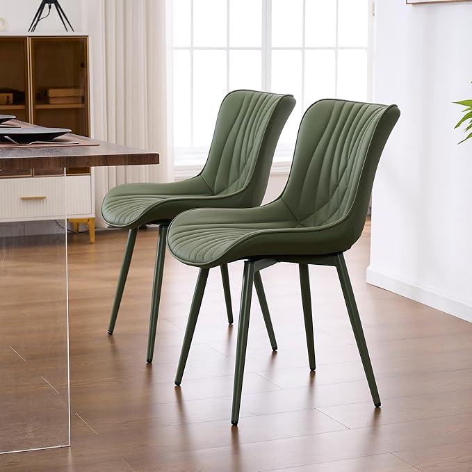 YOUTASTE Upholstered Leather Dining Chairs Set of 2 All Olive Green, Mid Century Modern Comfy Kitchen Dining Room Chair, Green Metal Legs, Armless Accent Chair for Living Room Bedroom