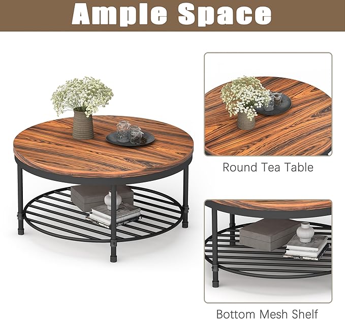 NSdirect 36" Round Coffee Table with Storage Shelf, Dark Grey Brown Vintage Wood Top & Metal Legs - 18.5" Height End Table for Small Spaces (Dark Red Brown)