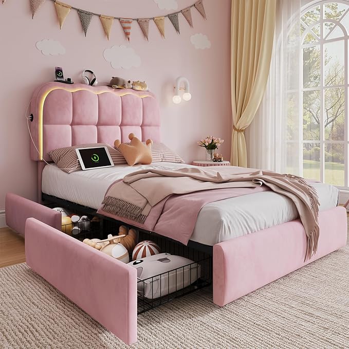 Twin Bed Frame with Storage Drawers and Headborad, Upholstered LED Twin Size Platform Bed Frame for Kids – Sturdy Metal Bed Frame Twin with Wood Slats Support, No Box Spring Needed, Pink