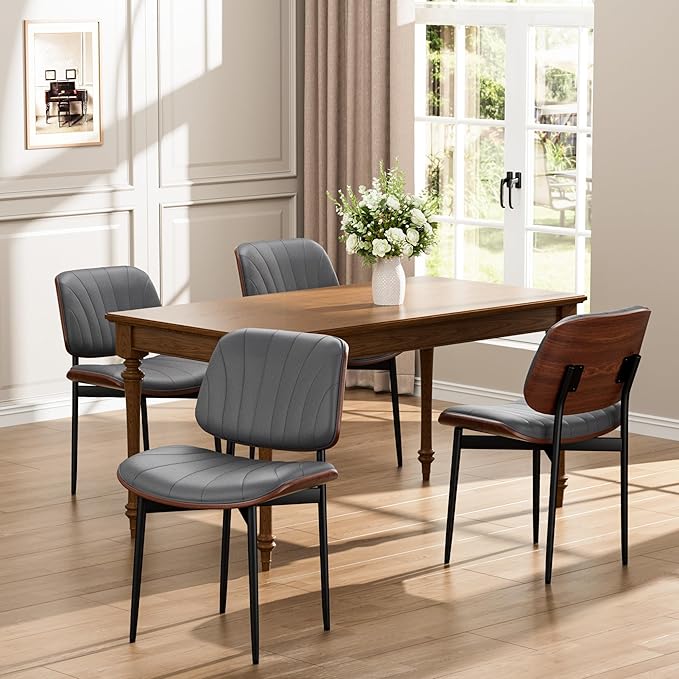 Dining Chairs Set of 6, Dining Room and Kitchen Chairs, Mid Century Modern Accent Chair, Upholstered PU Leather Chairs for Vanity with Walnut Bentwood and Metal Legs, Gray