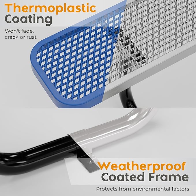 Metal Picnic Tables for Outdoors with Umbrella Hole - Coated Steel Heavy Duty Commercial Grade Furniture with Adjustable Seats (Blue, 46 in, Square, Expanded Steel)