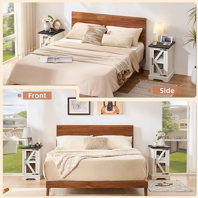 Farmhouse Coffee Table Sets 3 Pieces, Narrow Night Stand with Glass Barn Door Storage, Large Coffee Tables with Hidden Storage Organizer, Wood Furniture Sets for Living Room, Office, White