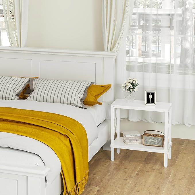Narrow End Table, Large Sofa Side Table, Farmhouse Nightstand with Storage Shelve, Slim Bedside Table for Living, Room Bedroom, Lounge White MLBZ17W
