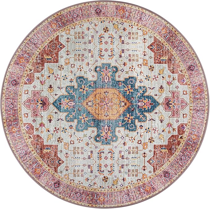 Moynesa Ultra-Thin Washable Round Rug - 4ft Pink Oriental Circle Area Rugs for Nursery Bedroom, Vintage Non Slip Non Shedding Low Pile Carpet for Living Room Coffee Table Entryway