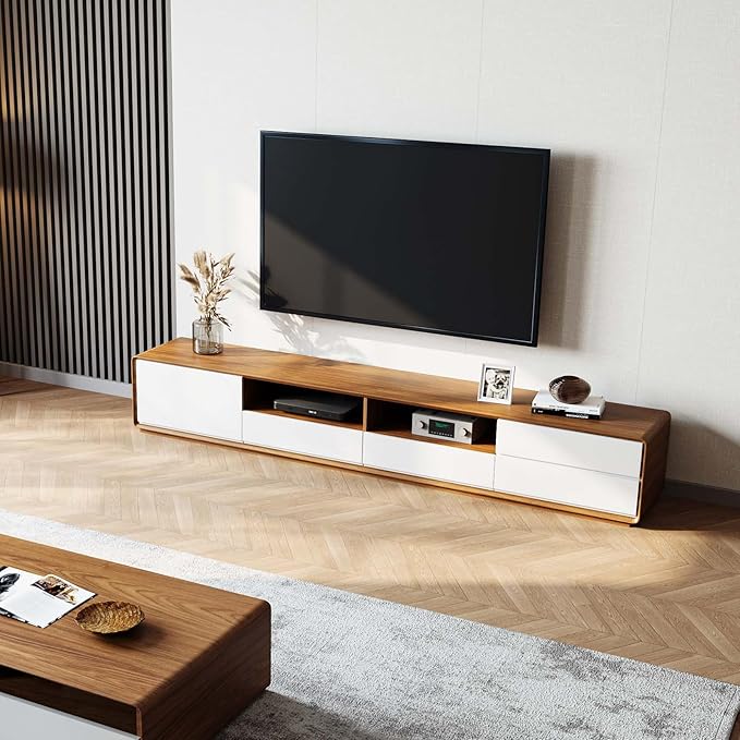 POVISON 94" Modern Wood White TV Stand, Lowline Media Console with 4 Drawers, Open Storage Cabinet, Walnut Veneer Fully-Assembled (TV Stand Only)