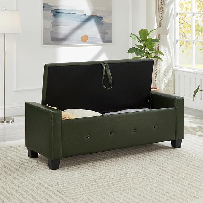 48" Faux Leather Ottoman with Storage, Tufted Storage Ottoman Bench with Safety Hinge, Rectangular Extra Long Bench for Bedroom, Living Room, Entryway and Window, Green
