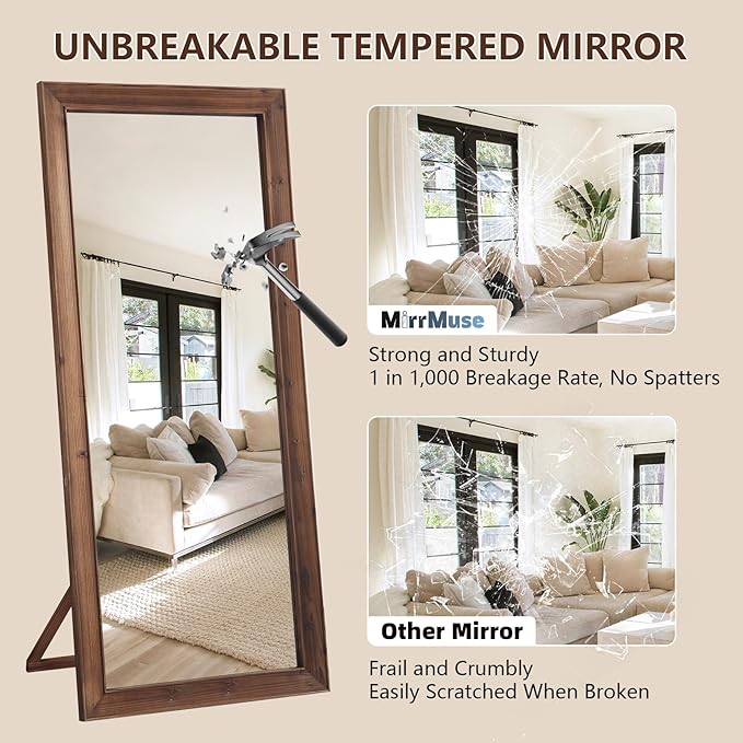 Rustic Farmhouse Full Length Mirror with Stand 71"X32" Large Wood Frame Floor Mirror, Leaning or Wall Mounted Free Standing Mirror for Entryway Bedroom Living Room, Tempered Glass, Brown