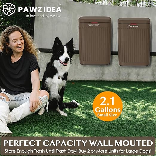 PAWZIDEA Wall Mount Dog Poop Trash Can Outside, 2.1 Gallon Small Dog Waste Bin with Lid, Activated Carbon Odor Control, Waterproof Metal Pet Waste Disposal Container, Fence Hang Poop Proof Garbage Can