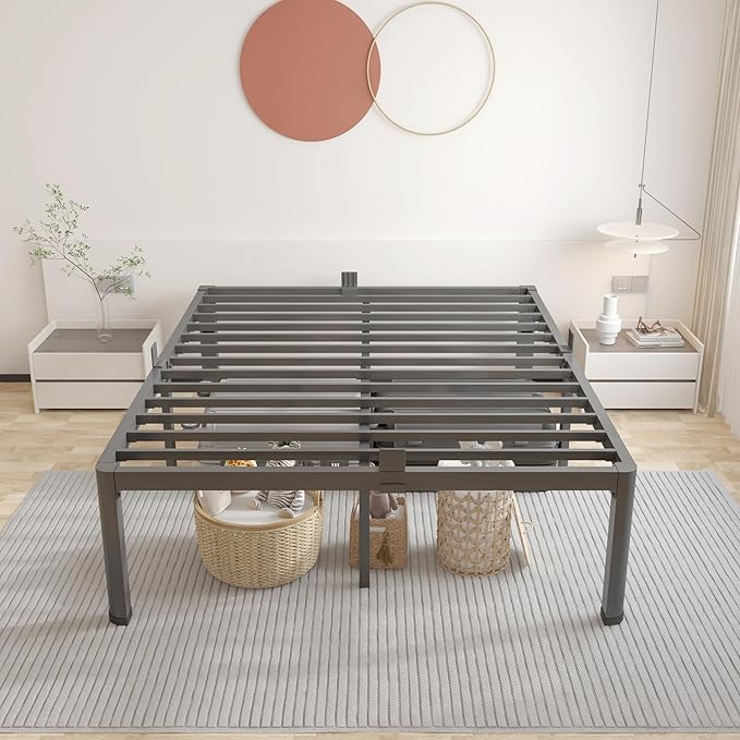 ROIL 14 inch Full Size Bed Frame with Headboard Hole and Round Corner Legs Mattress Retainers 3500LBS Heavy Duty Steel Slats No Box Spring Needed Platform Noise-Free Underneath Storage