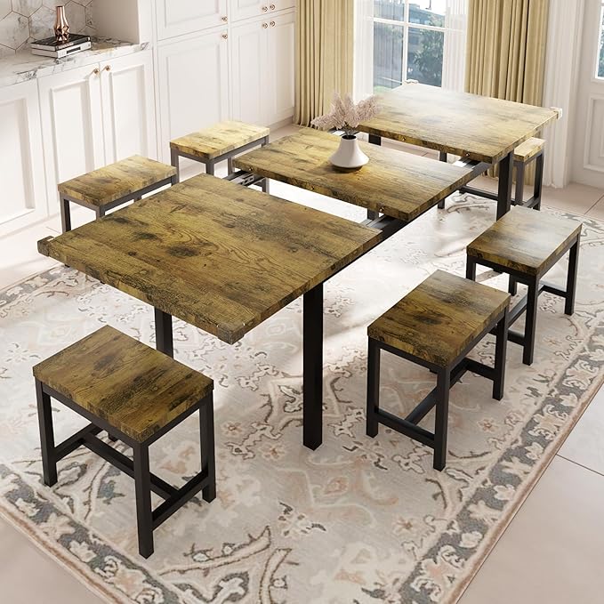 Feonase 7-Piece Dining Table Set with 6 Stools, 63 Inch Extendable Kitchen Table for 4-8, Kitchen Room Set with MDF Board & Metal Frame, Farmhouse Table, Space-Saving, Rustic Brown