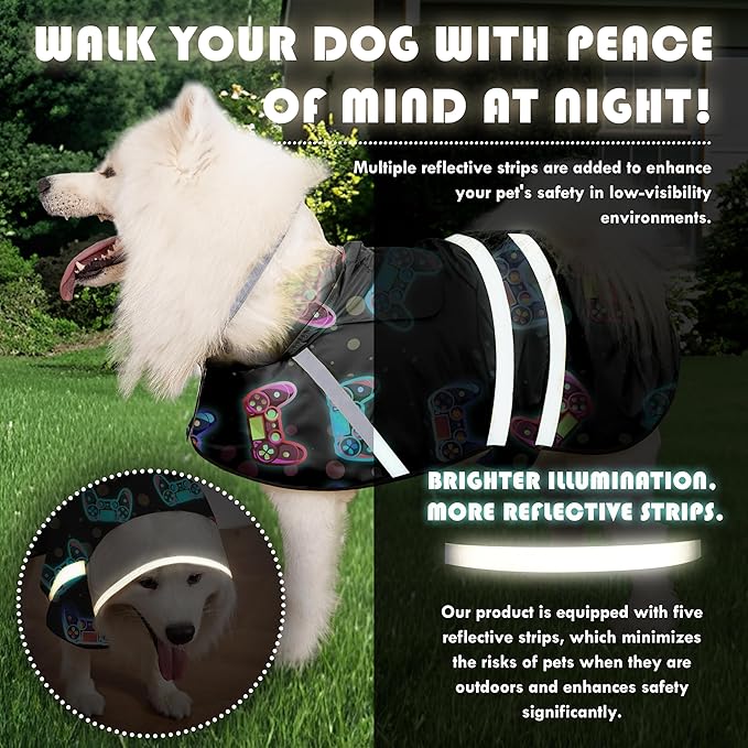 Dog Raincoat, Adjustable Dog Rain Jacket with Clear Hooded Double Layer for Large Medium Small Dogs Puppies, Waterproof Rain Coat Poncho Game Controller, Black-L